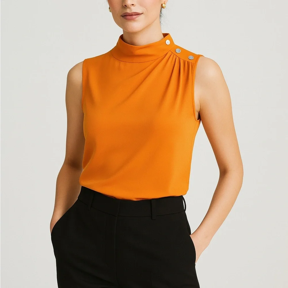 NWT DKNY Orange High Neck Mock Neck Silver Button Office Top – Medium - Picture 8 of 8